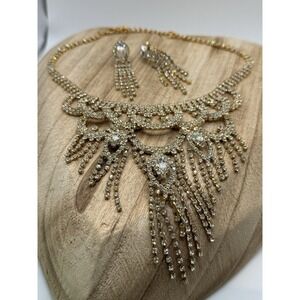 Y2K Gold Tone Rhinestone Fringe Bib Necklace Set 21" Prom Pageant Glam
